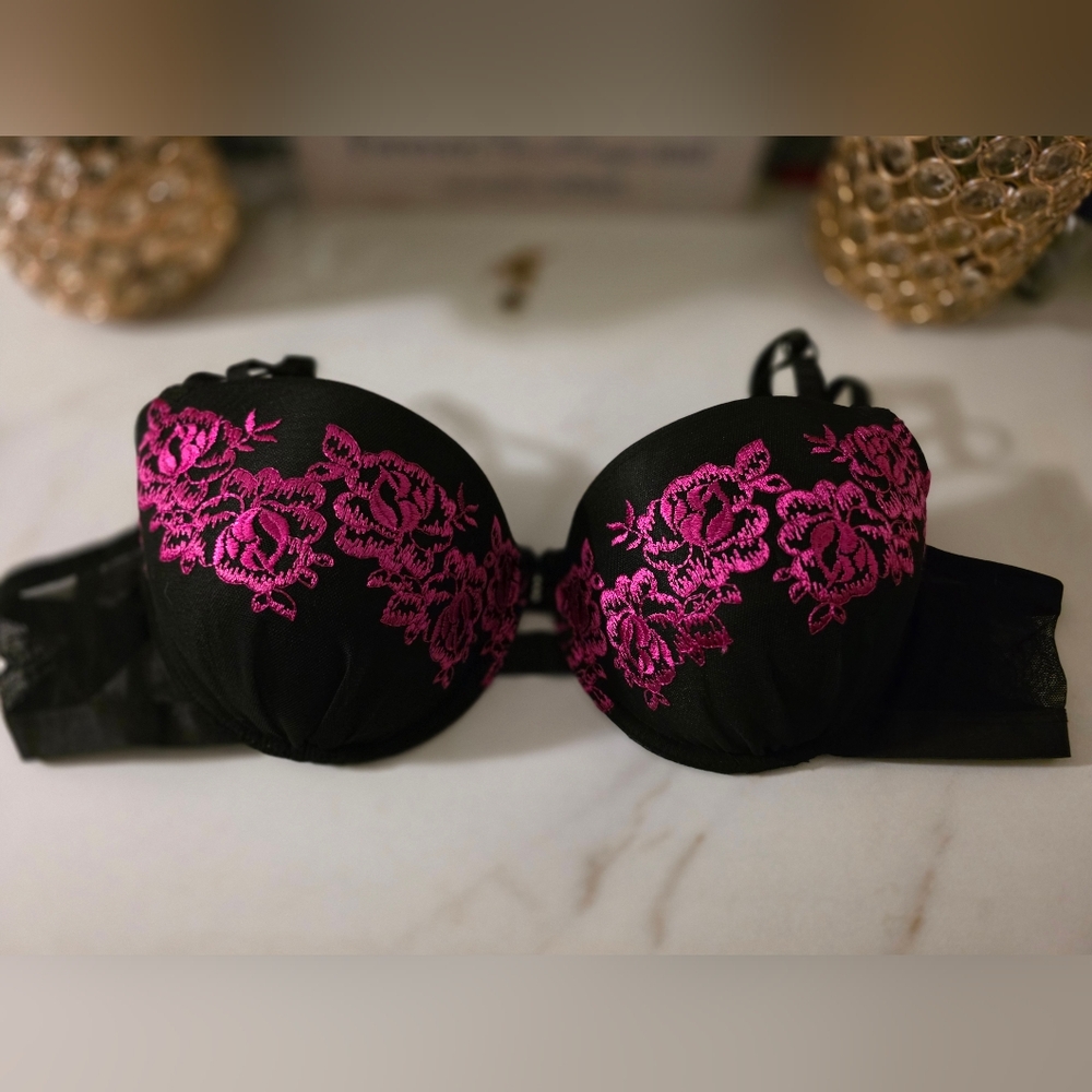 Smart & Sexy Black Bra with Pink Floral Lace